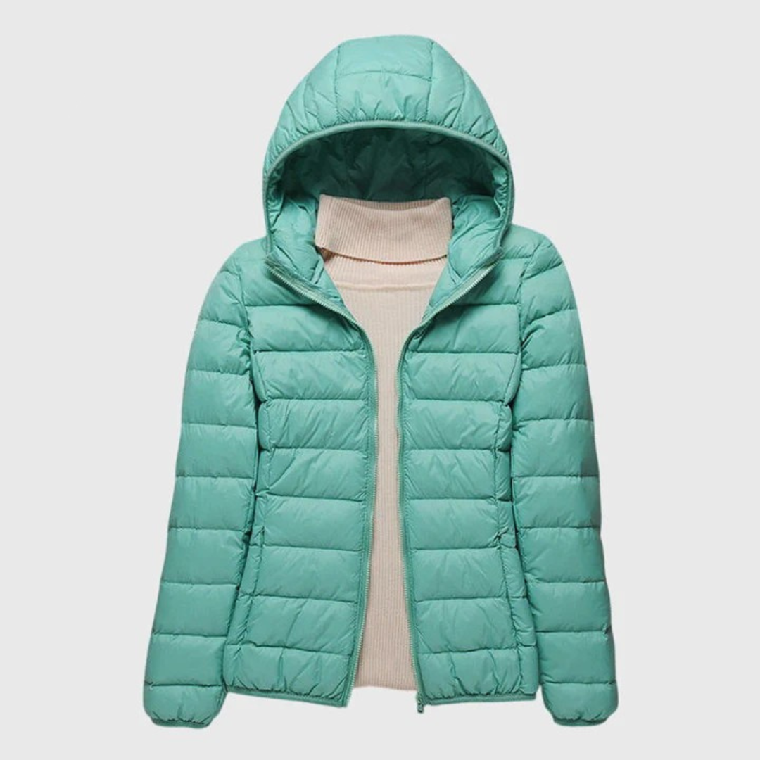 Damen Pufferjacke mit Wickelbund und hohem Kragen in Turquoise
