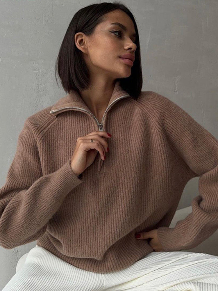 Damen Pullover aus Wollmix mit Reißverschluss für Übergangszeit in Braun