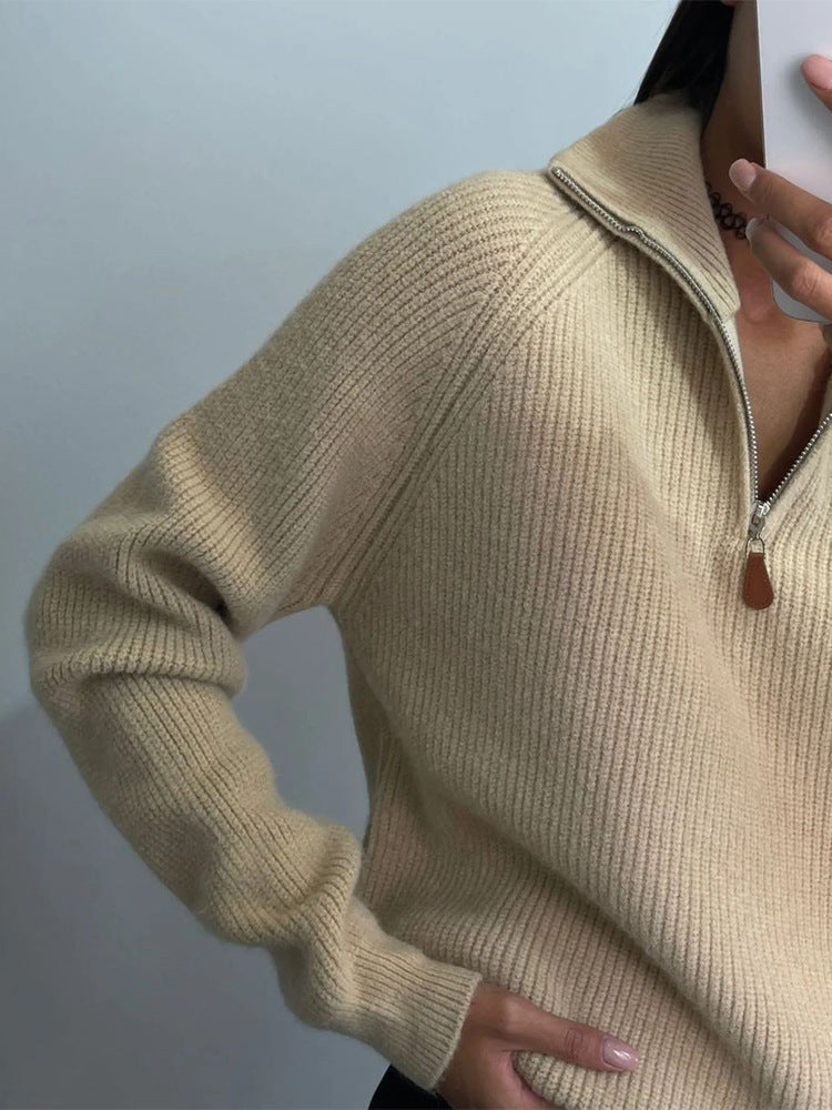 Damen Pullover aus Wollmix mit Reißverschluss für Übergangszeit in Khaki