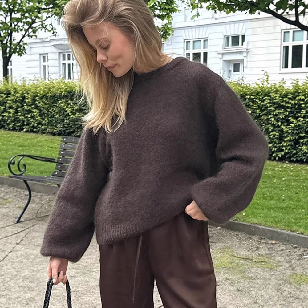 Damen Pullover Flausch mit Ballonärmeln für Herbst