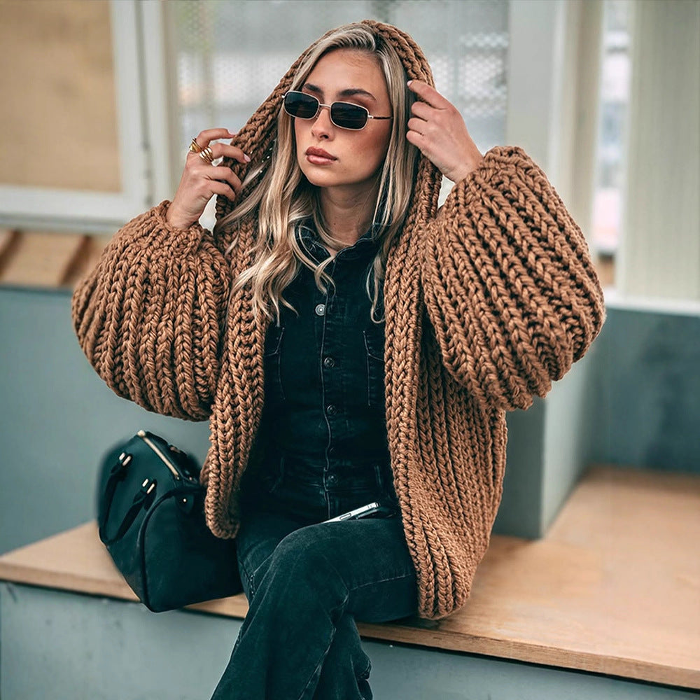 Damen Pullover Grobstrick mit Kapuze für Herbst