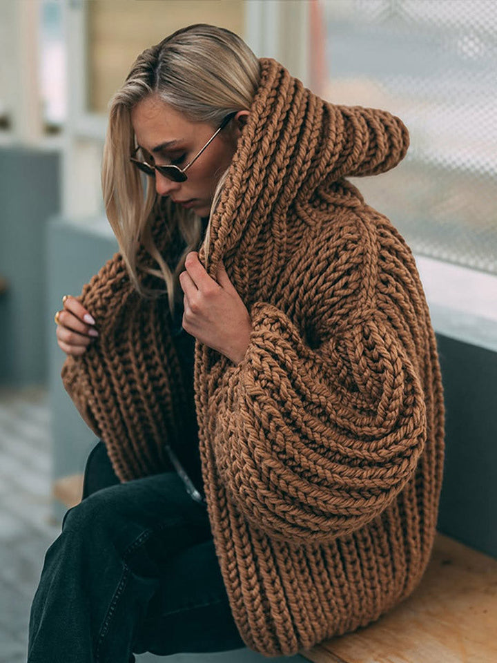 Damen Pullover Grobstrick mit Kapuze für Herbst in Braun