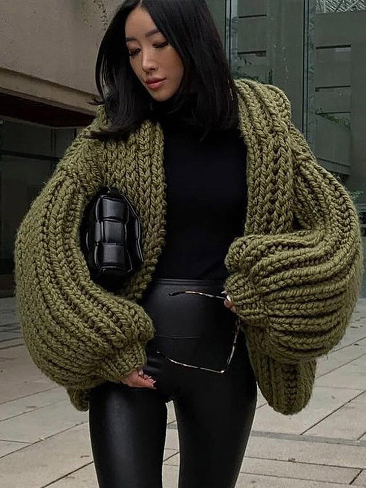 Damen Pullover Grobstrick mit Kapuze für Herbst in Grün