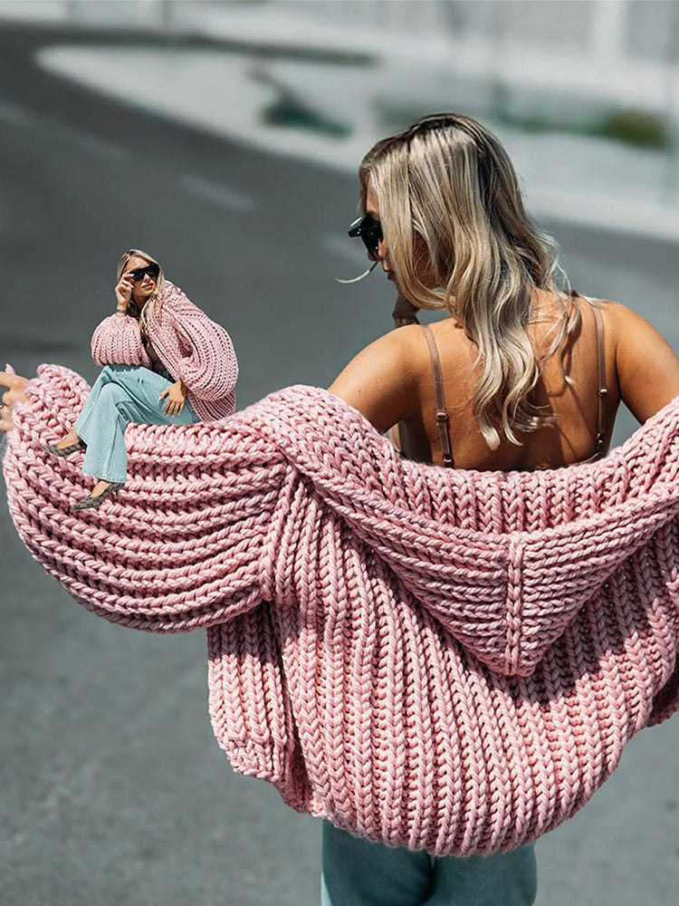 Damen Pullover Grobstrick mit Kapuze für Herbst in Rosa