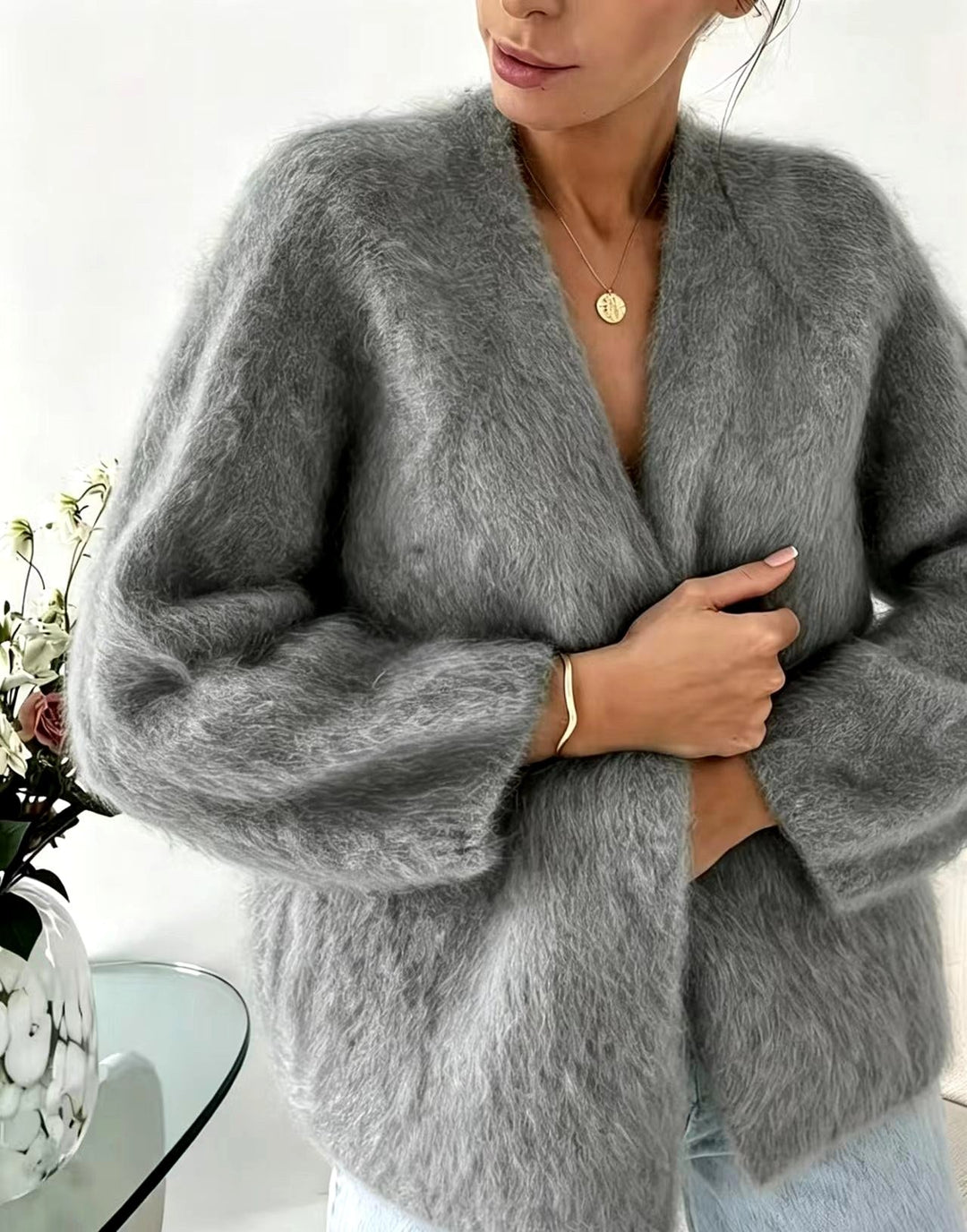 Damen Pullover Oversized im Cardigan-Stil mit Flausch in Grau