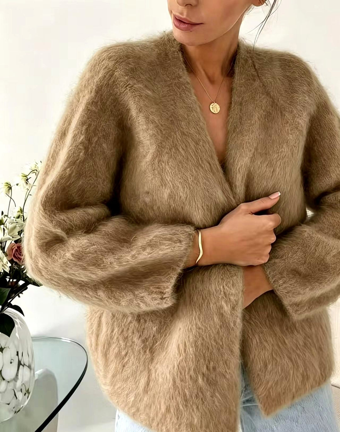 Damen Pullover Oversized im Cardigan-Stil mit Flausch in Khaki