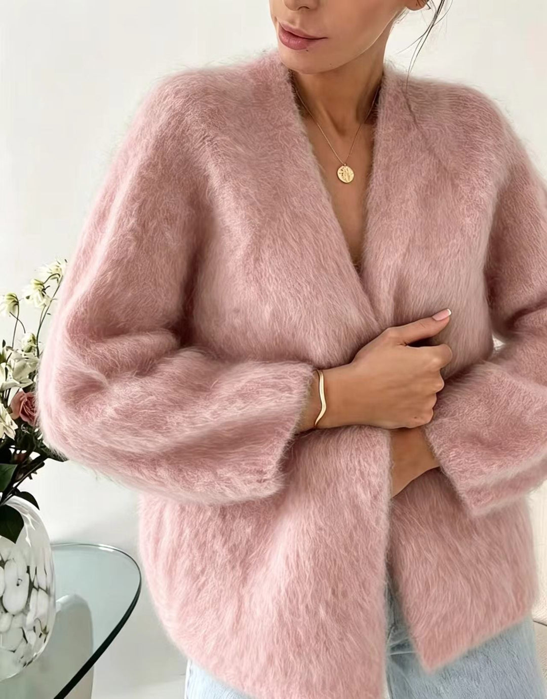 Damen Pullover Oversized im Cardigan-Stil mit Flausch in Rosa