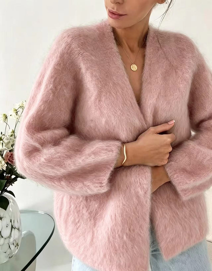 Damen Pullover Oversized im Cardigan-Stil mit Flausch in Rosa