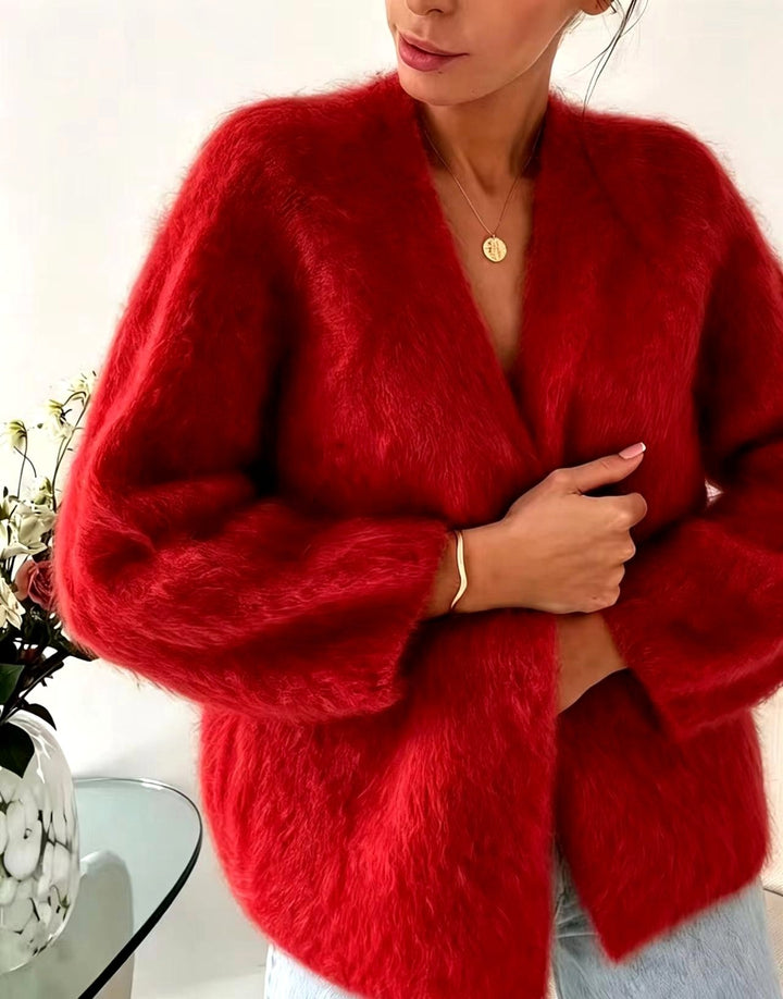 Damen Pullover Oversized im Cardigan-Stil mit Flausch in Rot