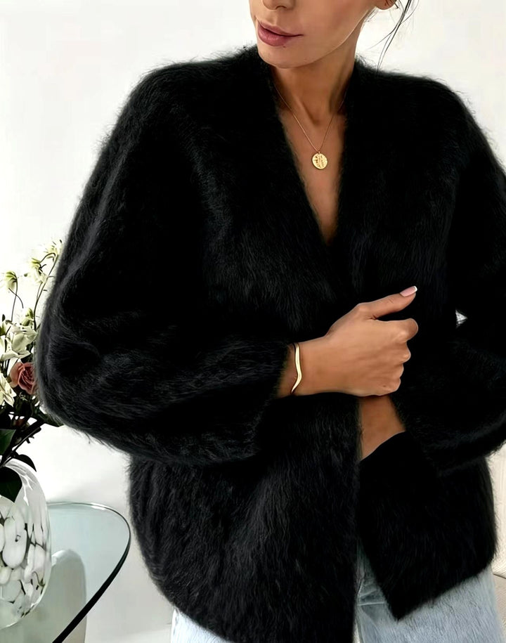 Damen Pullover Oversized im Cardigan-Stil mit Flausch in Schwarz