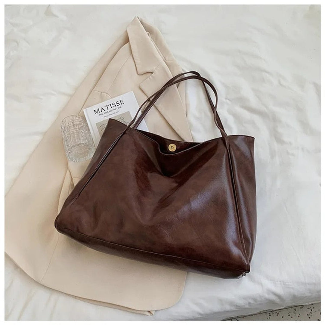 Damen Retro-Schultertasche aus PU-Leder mit großem Fassungsvermögen in Kaffee