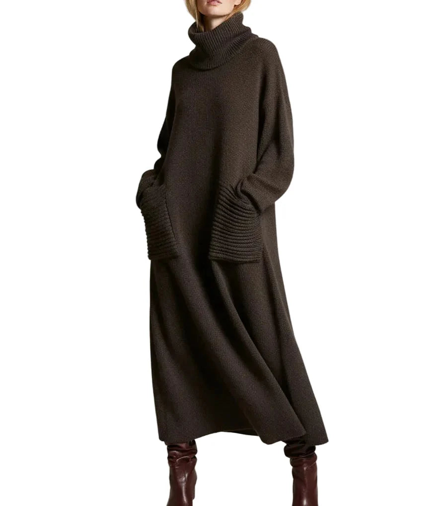 Damen Rollkragen Strickkleid in Maxilänge in Braun