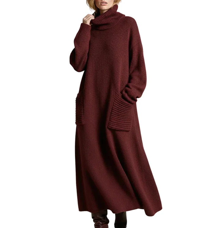 Damen Rollkragen Strickkleid in Maxilänge in Dunkelrot