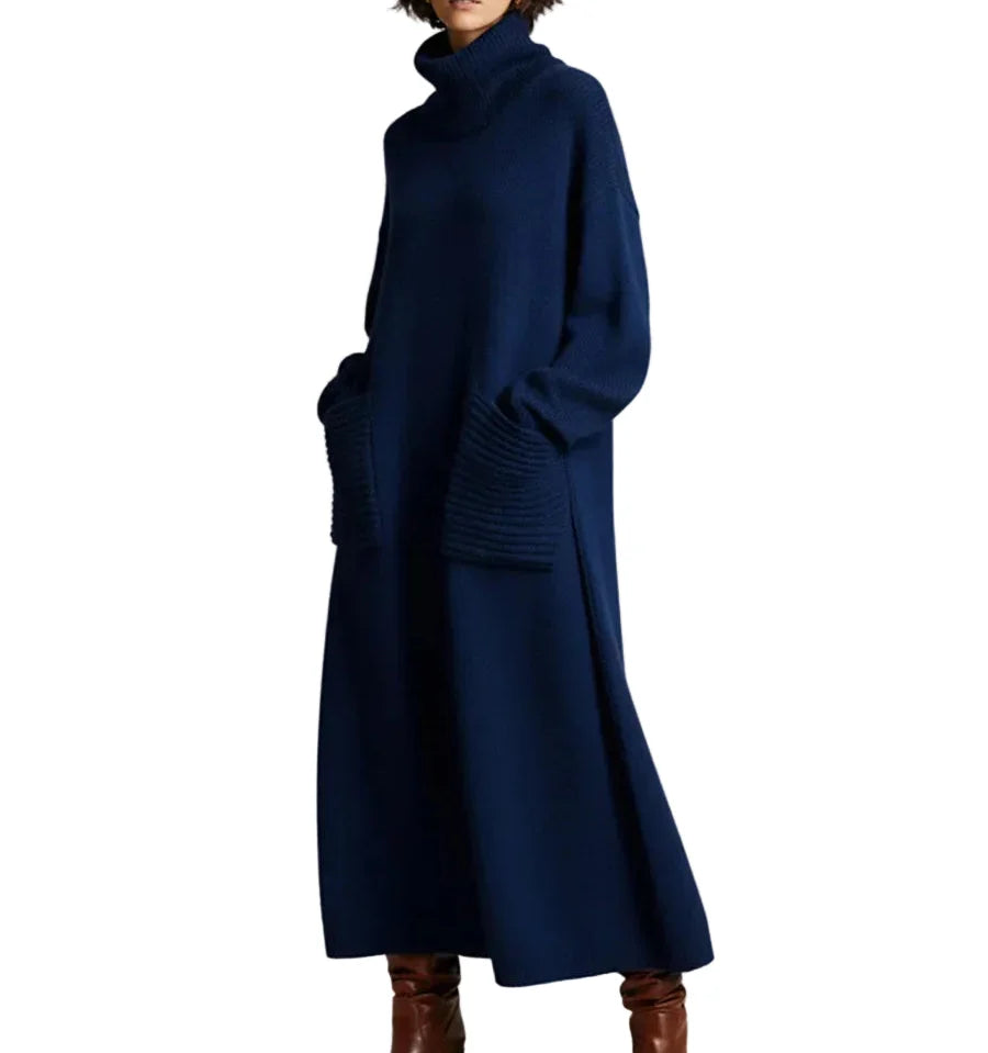 Damen Rollkragen Strickkleid in Maxilänge in Marineblau