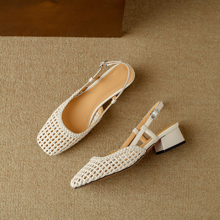 Damen Sandalen mit Flechtdesign und Blockabsatz in Creme