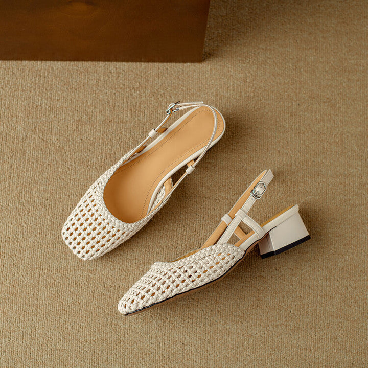 Damen Sandalen mit Flechtwerk und Blockabsatz in Creme