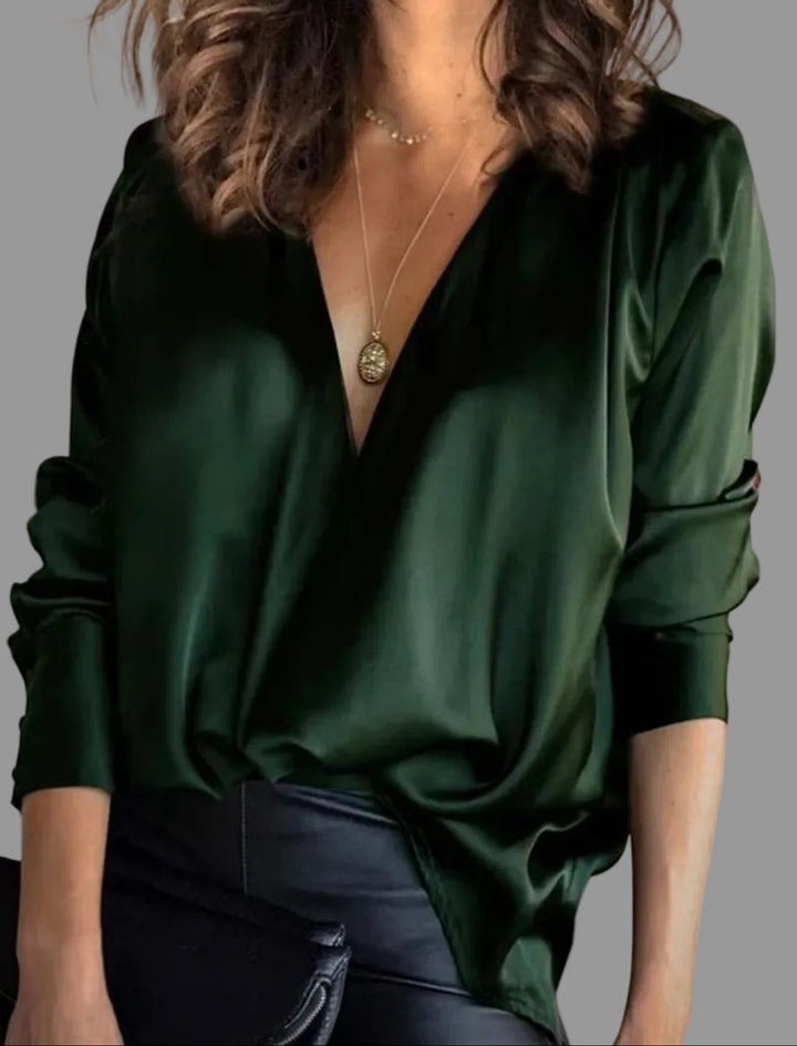 Damen Satinbluse mit Langarm für elegante Abende in Grün