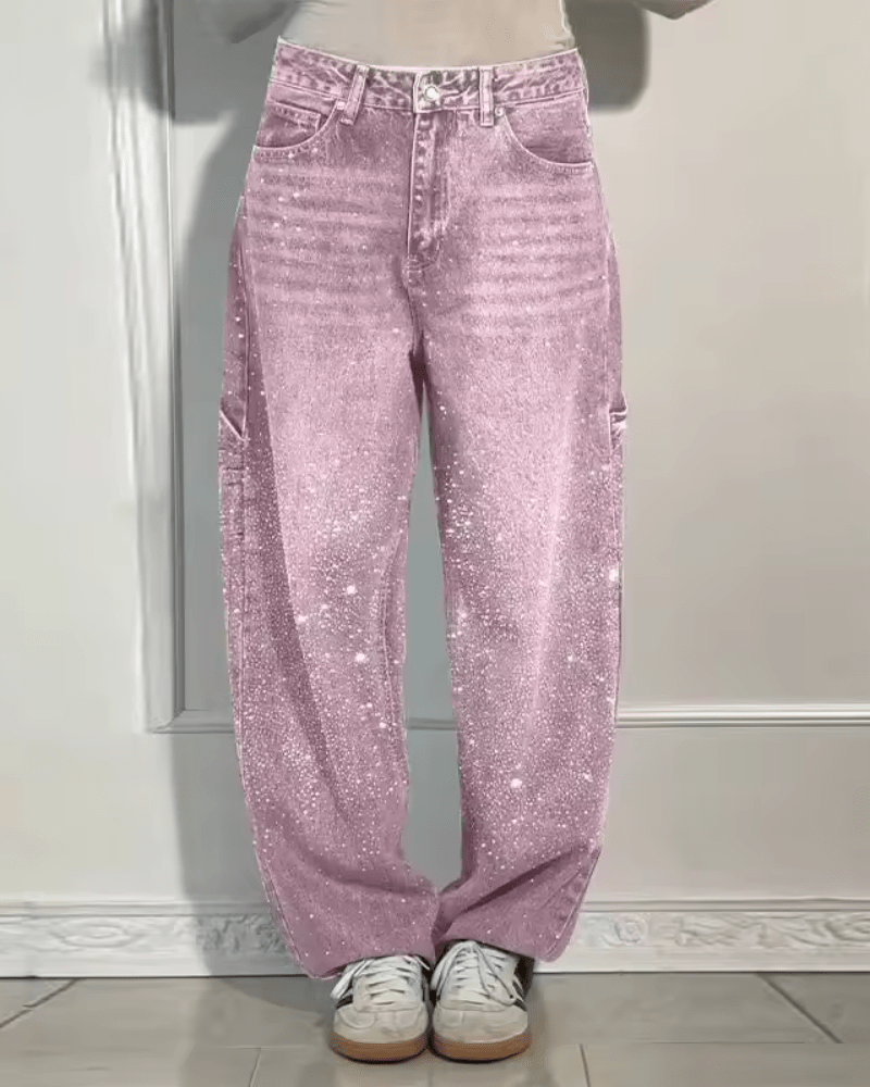 Damen Schlag-Jeans mit glänzendem Finish in Rosa