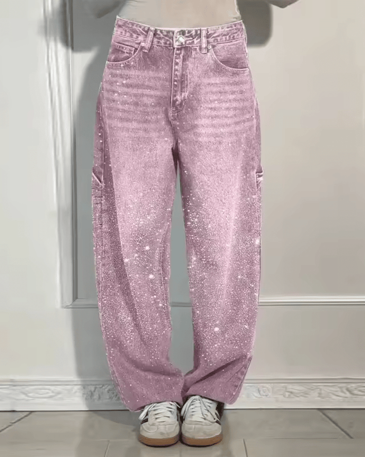 Damen Schlag-Jeans mit glänzendem Finish in Rosa