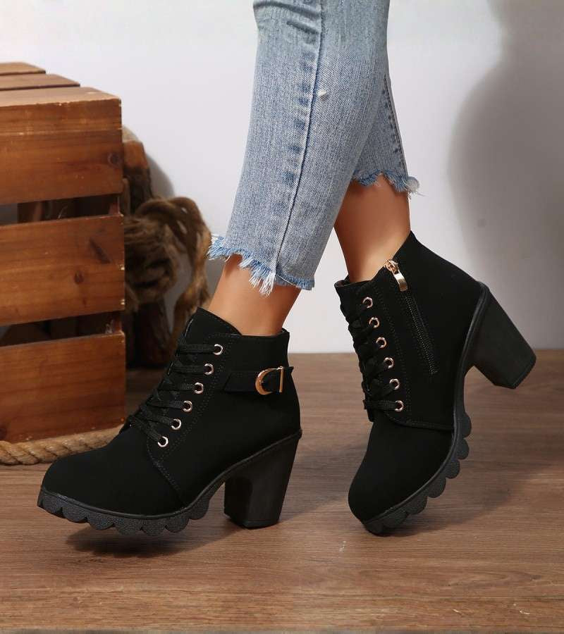 Damen Schnürstiefel mit Blockabsatz und Schnalle