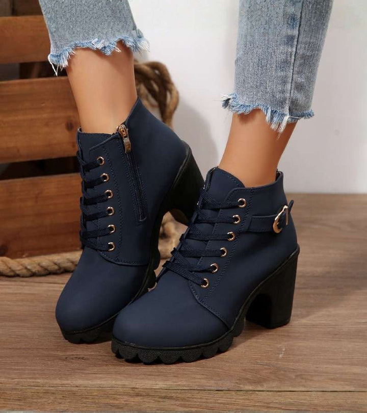 Damen Schnürstiefel mit Blockabsatz und Schnalle (3)