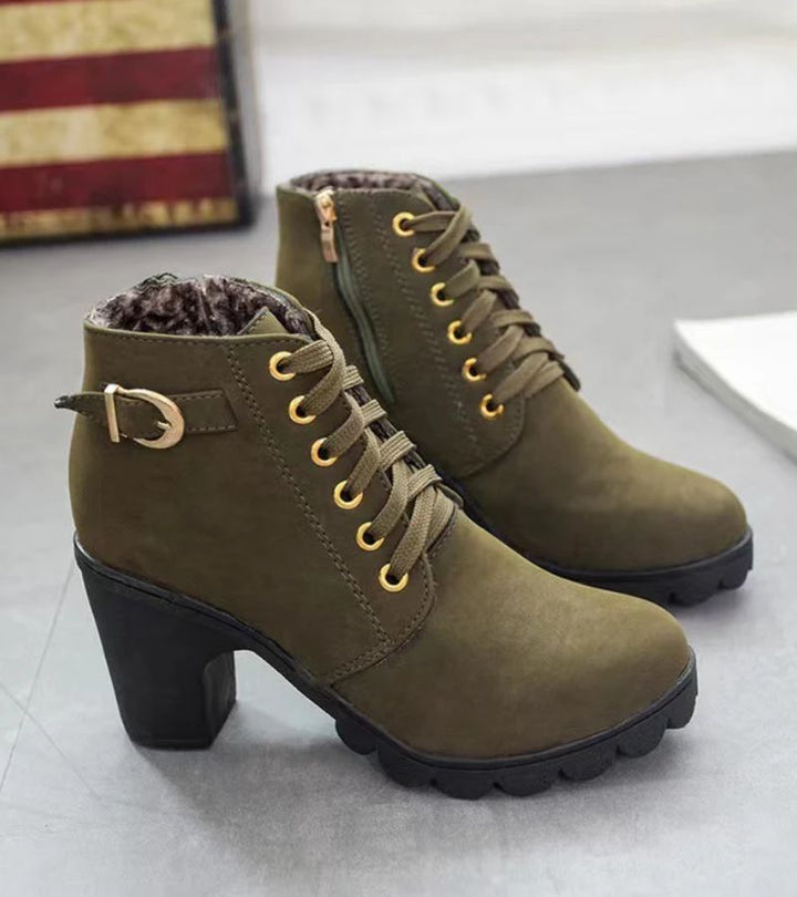 Damen Schnürstiefel mit Blockabsatz und Schnalle in Armeegrün