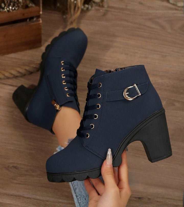 Damen Schnürstiefel mit Blockabsatz und Schnalle in Blau