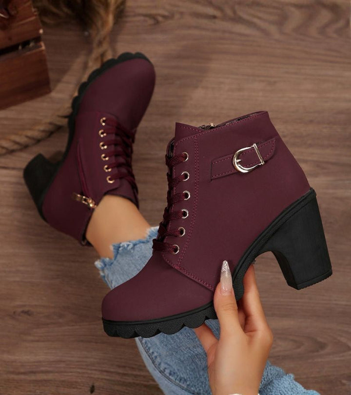Damen Schnürstiefel mit Blockabsatz und Schnalle in Burgund