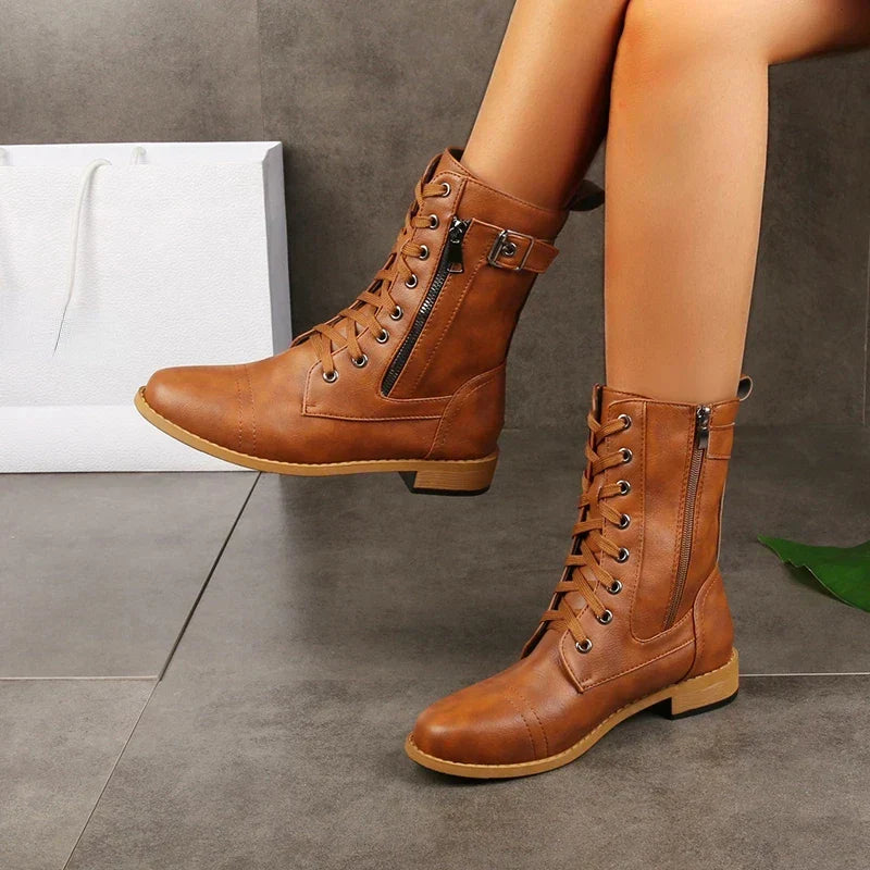 Damen Schnürstiefel mit Reißverschluss für den Alltag in Braun