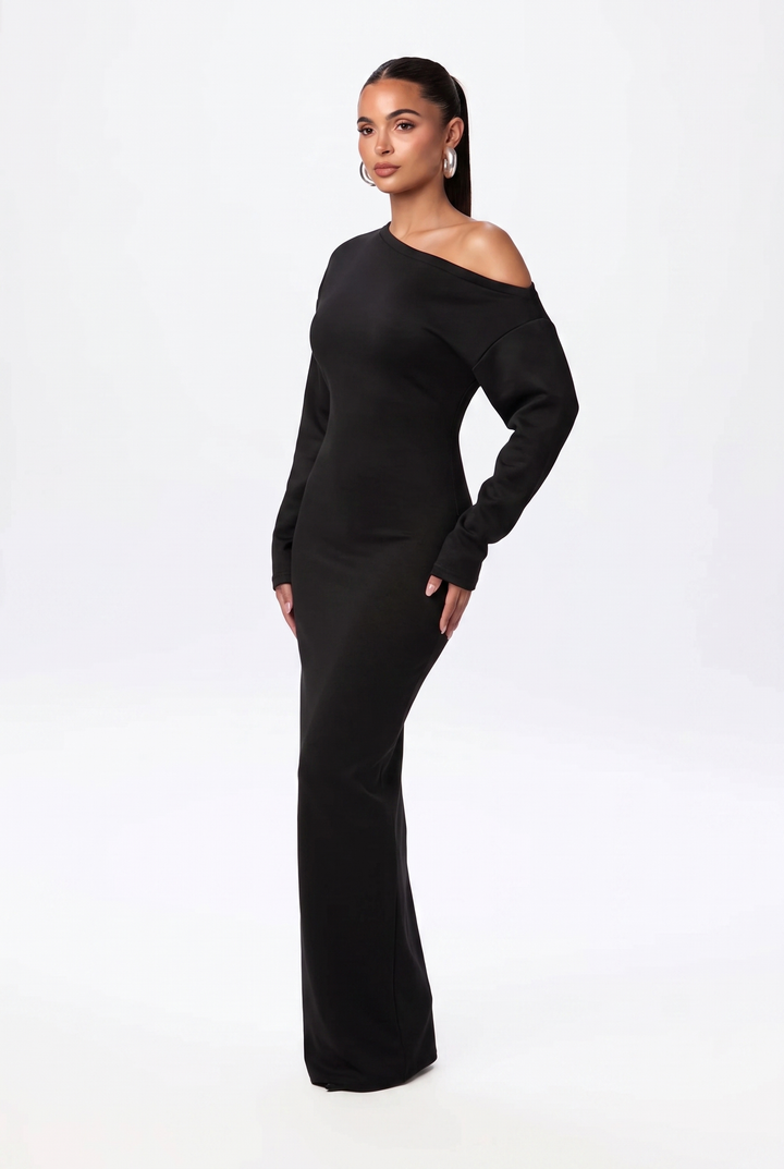 Damen Schulterfrei Maxi Abendkleid in Schwarz 1