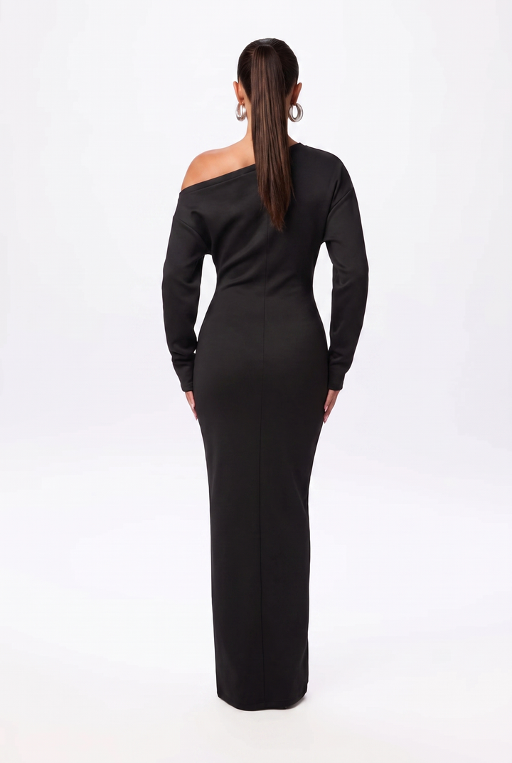 Damen Schulterfrei Maxi Abendkleid in Schwarz 2