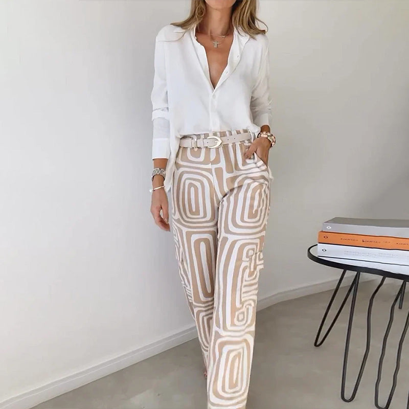 Damen Set mit Knopfbluse und weite Hose (3)
