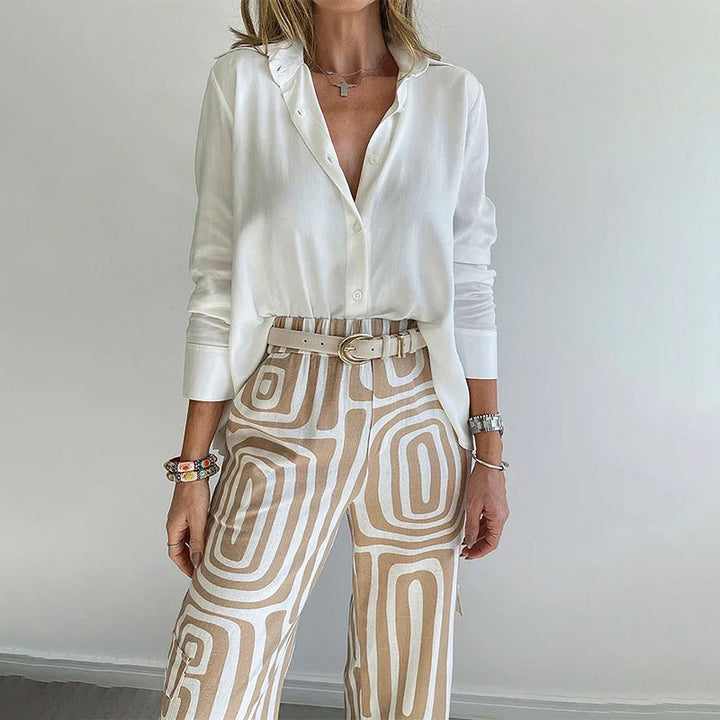 Damen Set mit Knopfbluse und weite Hose (4)
