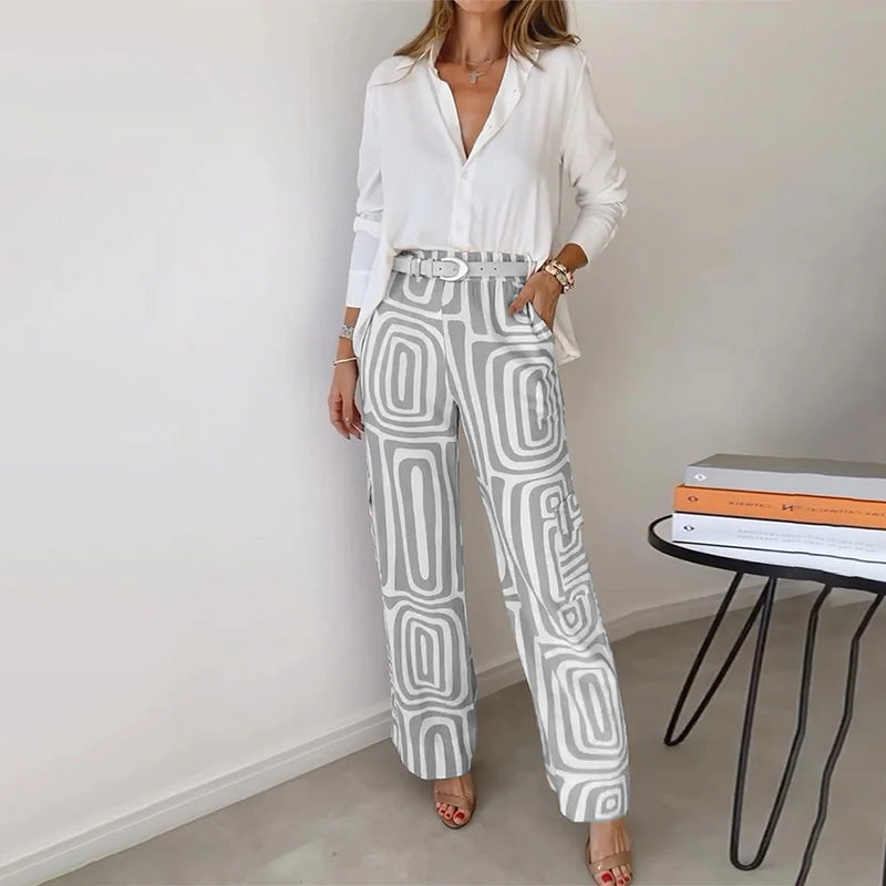 Damen Set mit Knopfbluse und weite Hose (5)