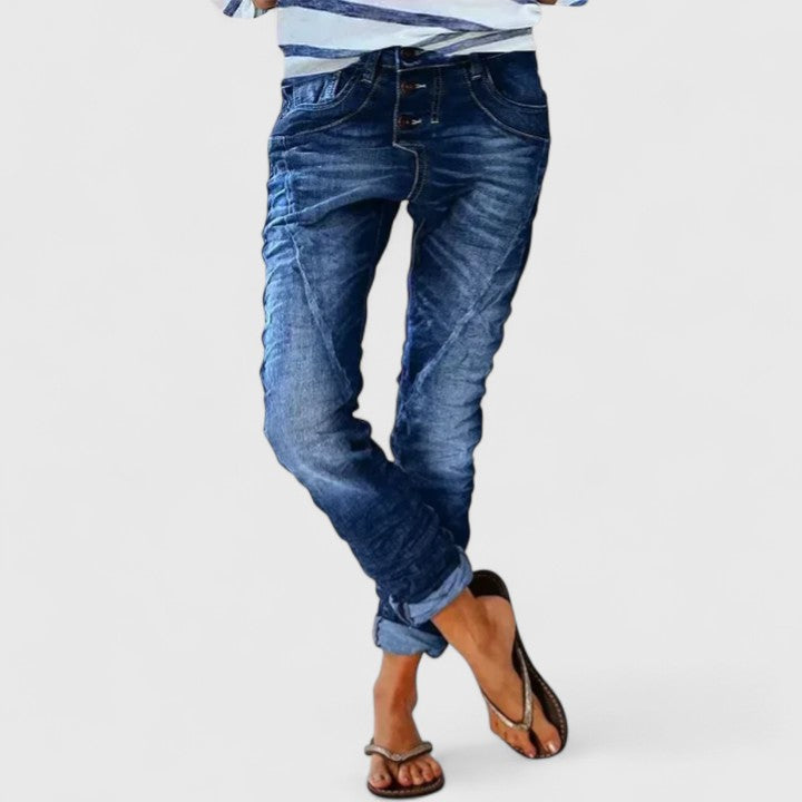 Damen Slim-Fit Jeans im Used-Look in Dunkelblau