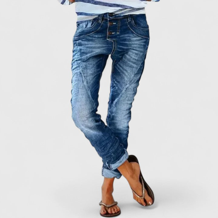 Damen Slim-Fit Jeans im Used-Look in Mittelblau