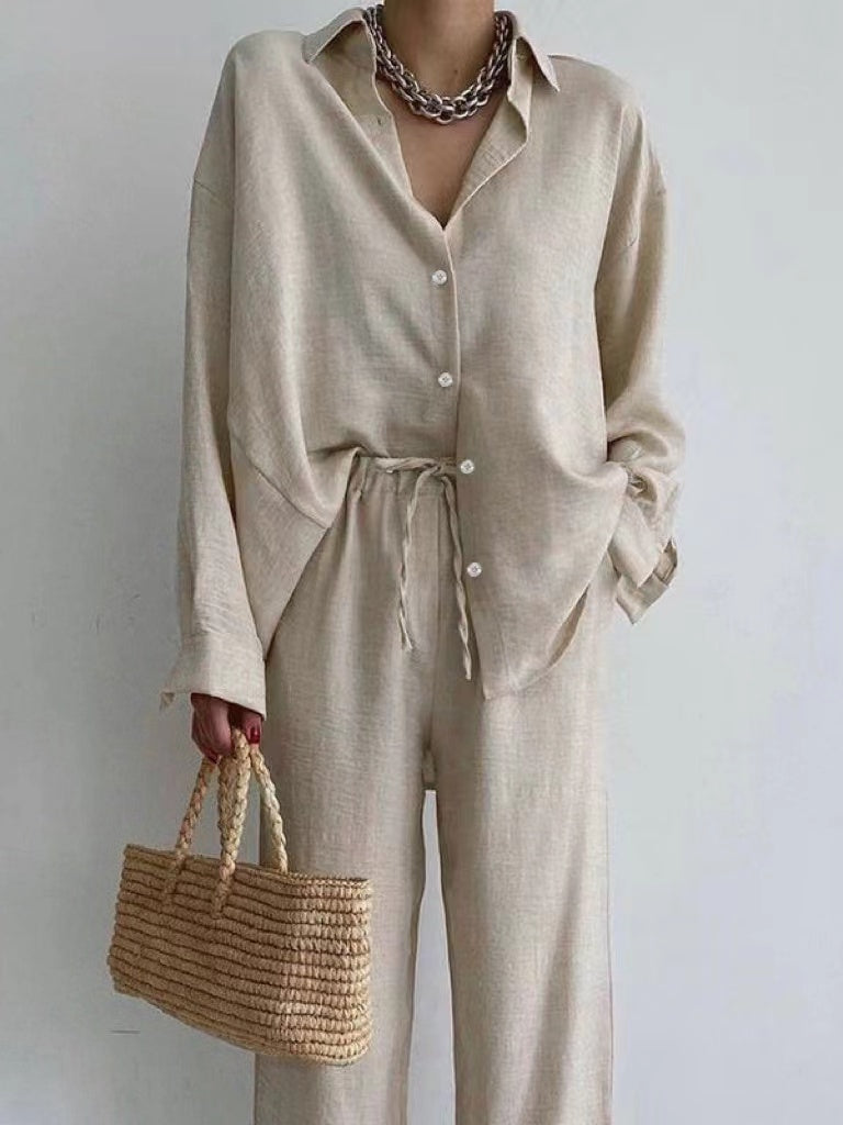 Damen Sommer Bluse-Hosen Set aus Baumwolle in Beige