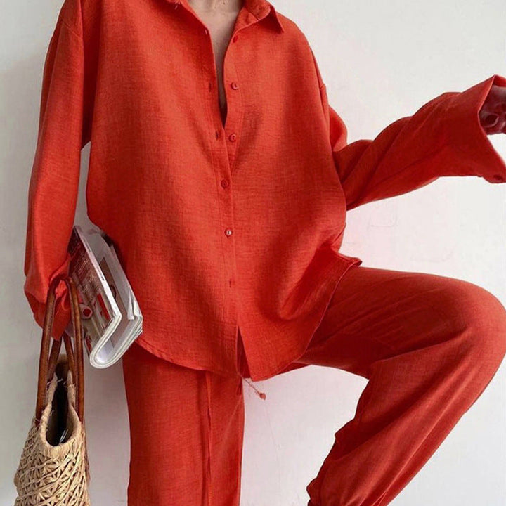 Damen Sommer Bluse-Hosen Set aus Baumwolle in Orange