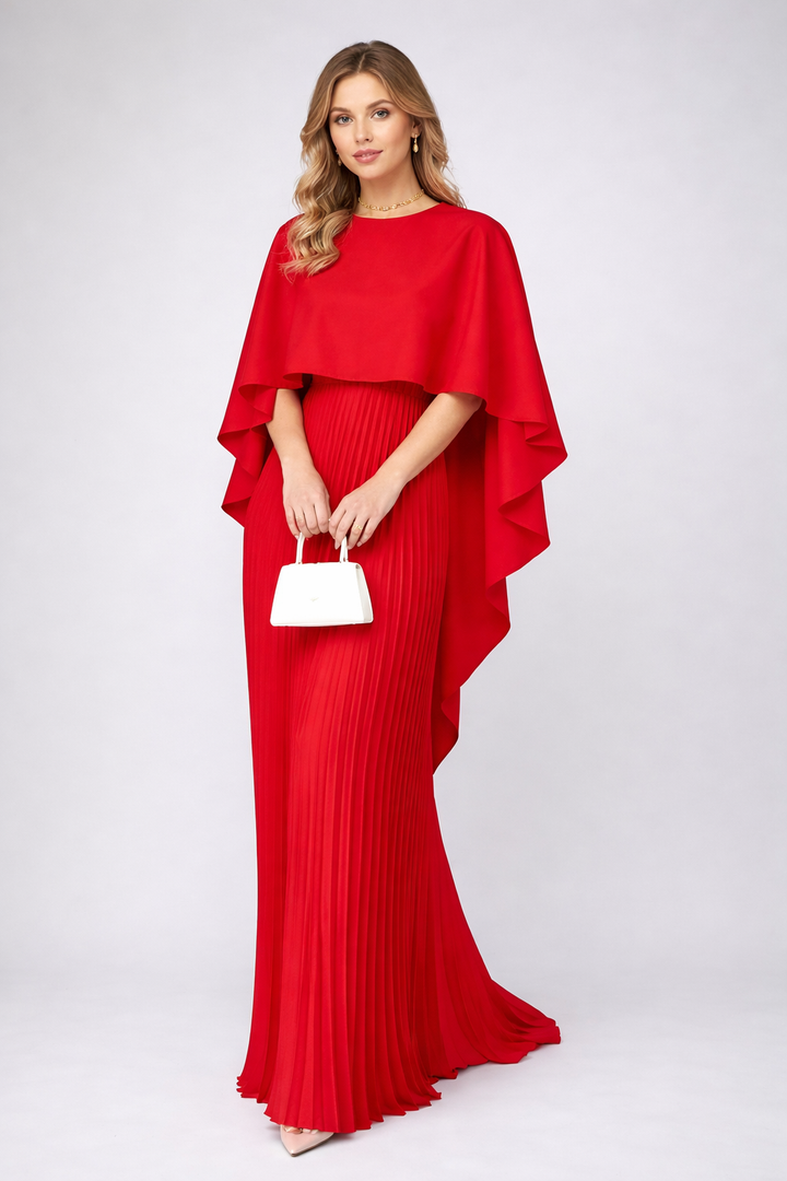 Damen Sommer Maxikleid mit Hochkragen und zartem Plissee für Hochzeitsgäste in Czerwony