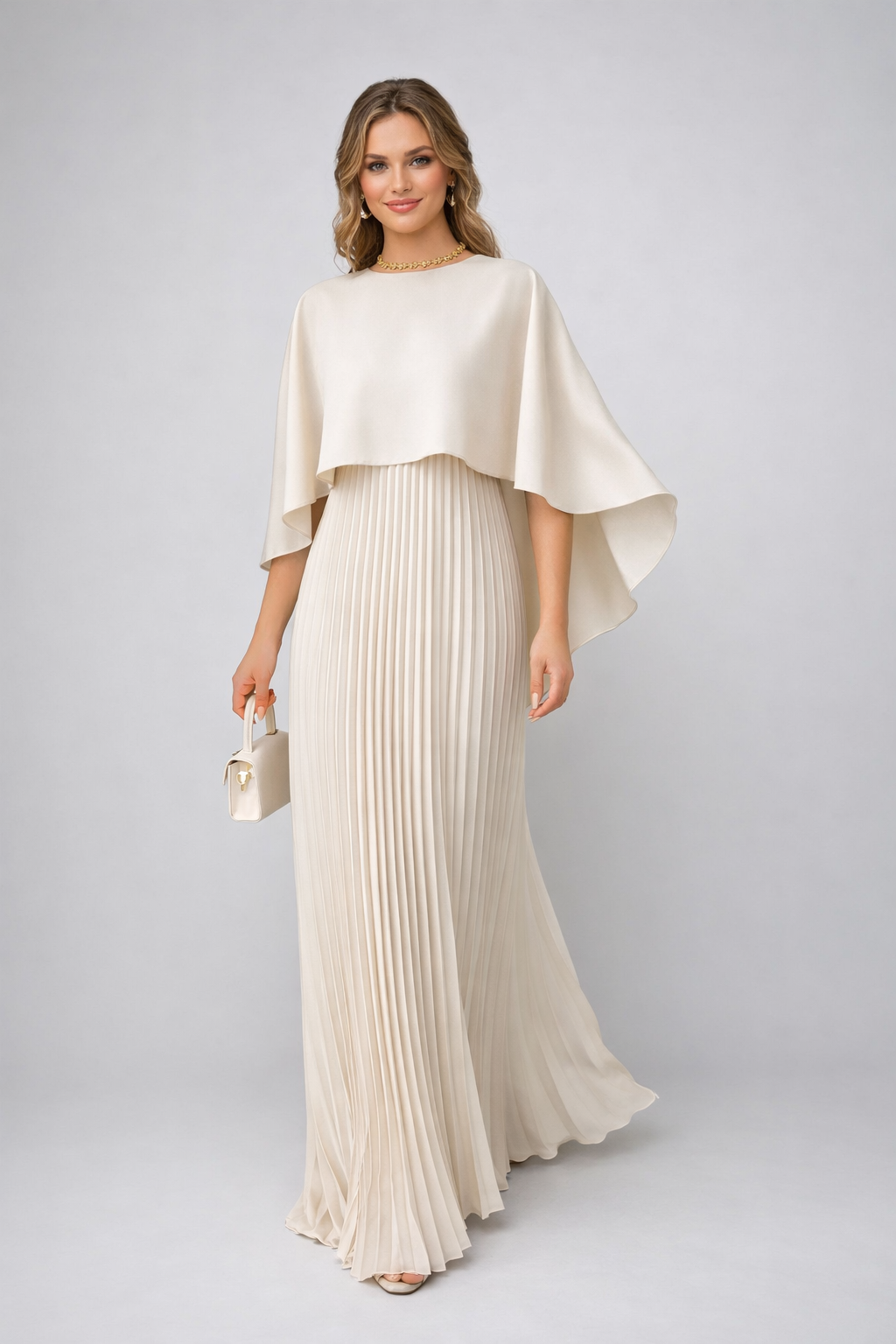 Damen Sommer Maxikleid mit Hochkragen und zartem Plissee für Hochzeitsgäste in Off-White