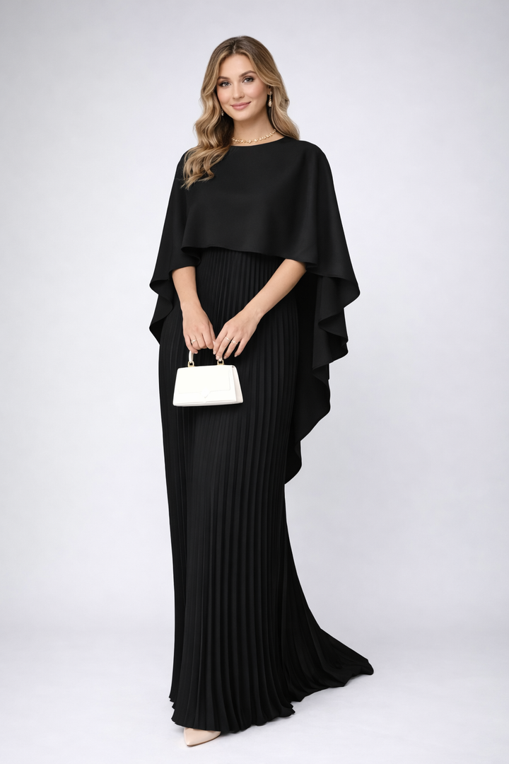 Damen Sommer Maxikleid mit Hochkragen und zartem Plissee für Hochzeitsgäste in Schwarz