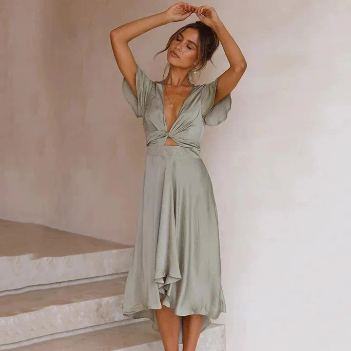 Damen Sommerkleid im femininen Stil für Anlässe in Olive Grün 1