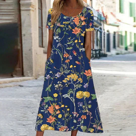 Damen Sommerkleid in Midi-Länge mit Blumenmuster in Dunkelblau