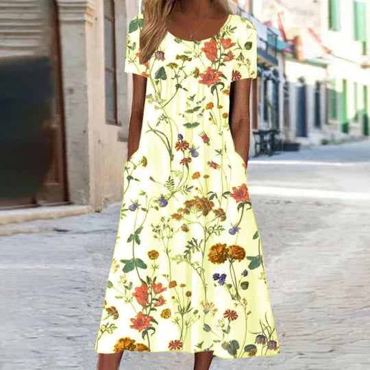 Damen Sommerkleid in Midi-Länge mit Blumenmuster in Gelb