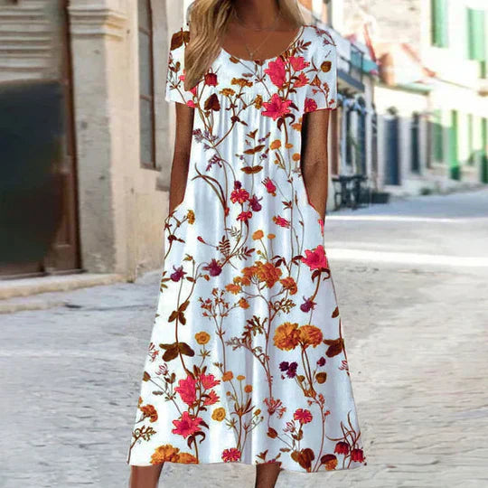 Damen Sommerkleid in Midi-Länge mit Blumenmuster in Rot