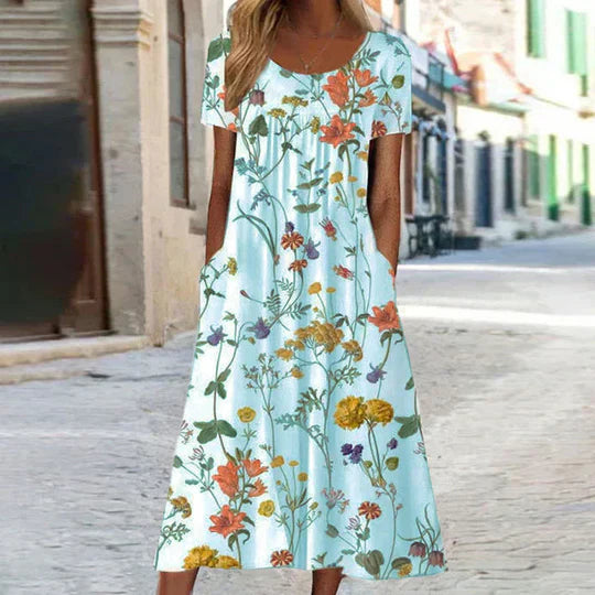 Damen Sommerkleid in Midi-Länge mit Blumenmuster in Sky blue