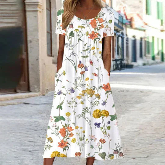 Damen Sommerkleid in Midi-Länge mit Blumenmuster in Weiß