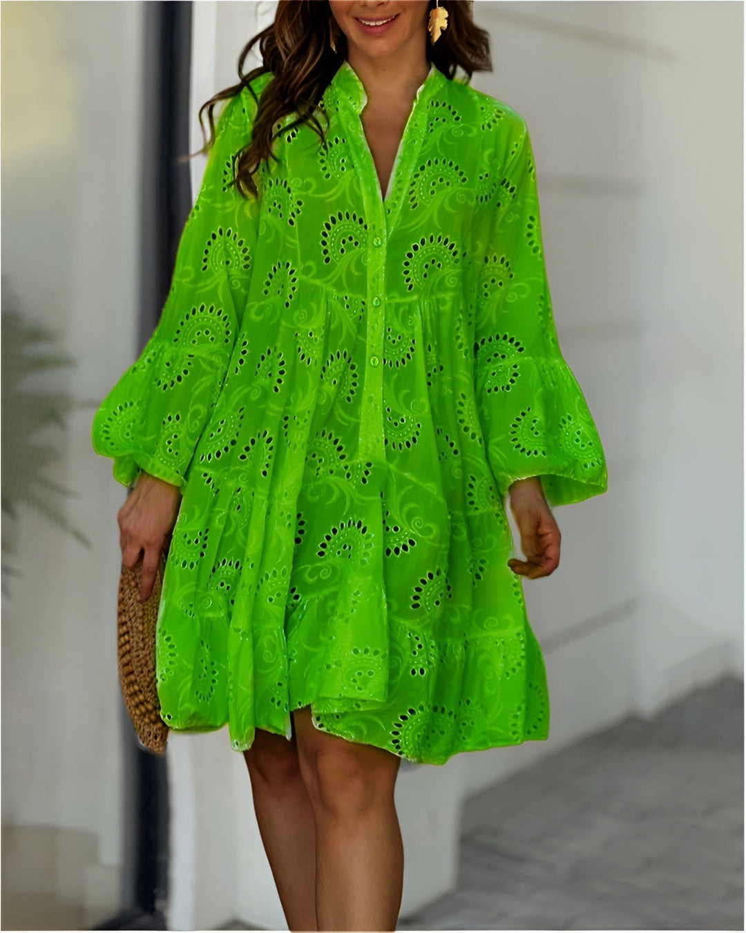 Damen Sommerkleid Weißes Lochstickerei-Blusenkleid Langarm in Grün