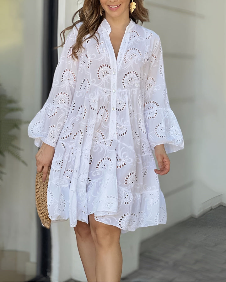 Damen Sommerkleid Weißes Lochstickerei-Blusenkleid Langarm in Weiß