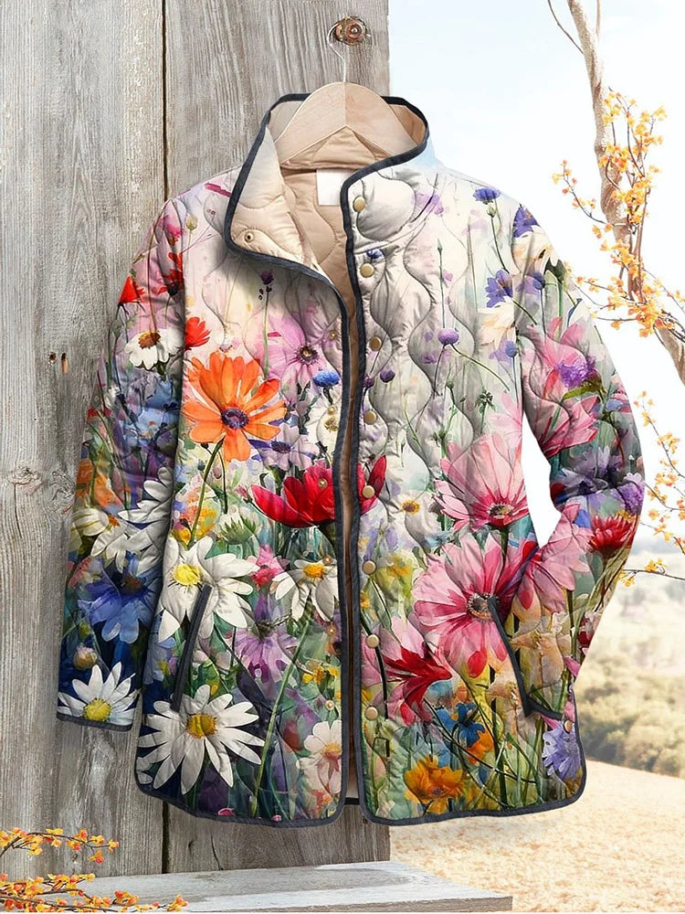 Damen Steppjacke Vintage Blumenmuster für Herbst in Mehrfarbig